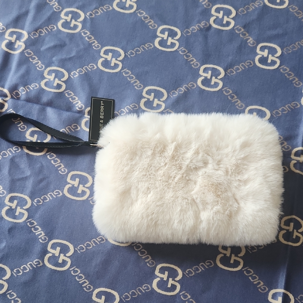 White Faux Fur Wristlet Clutch